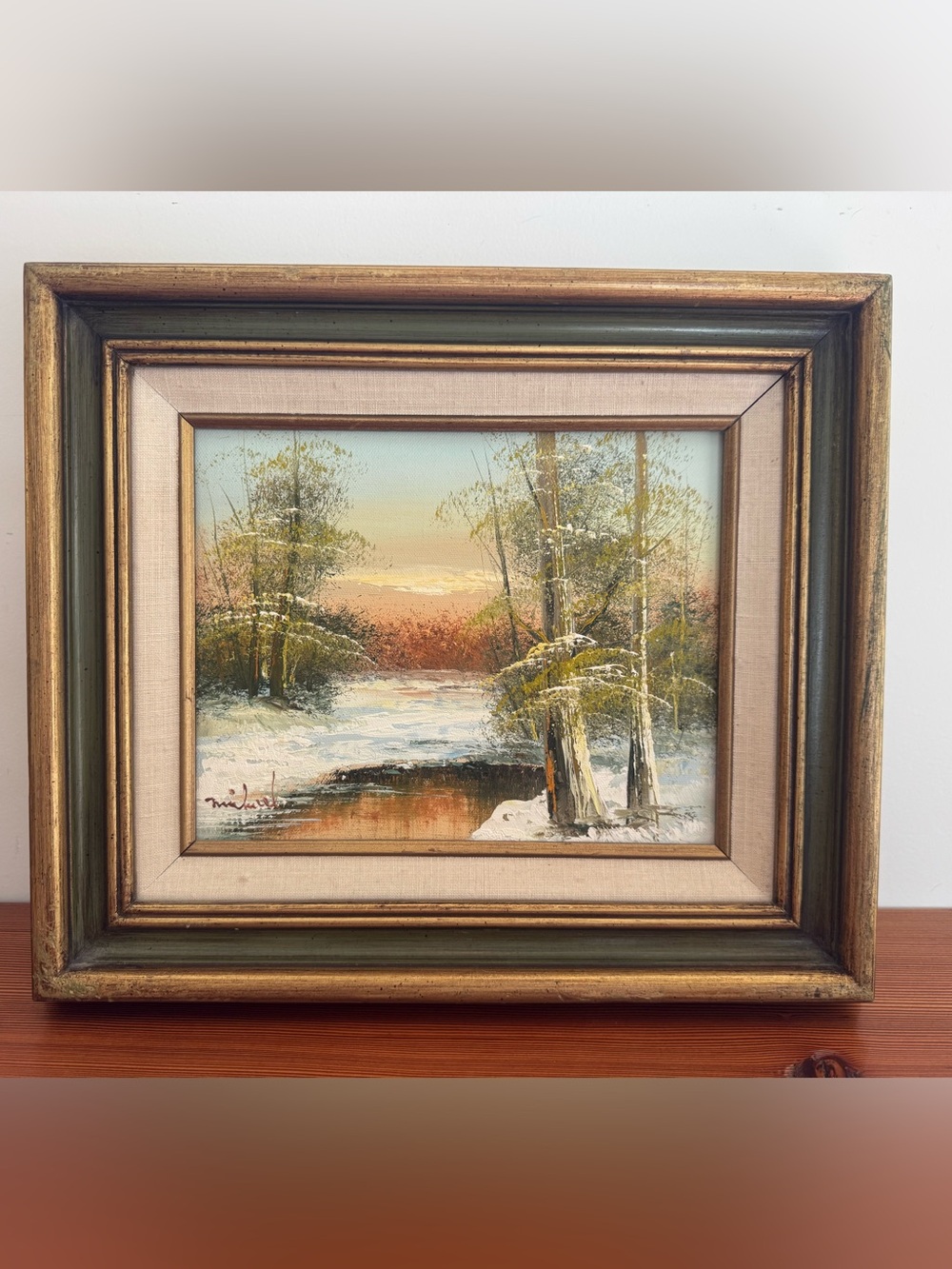 Vintage Framed Winter Snow Covered Landscape Oil Painting with Gold-Tone Frame